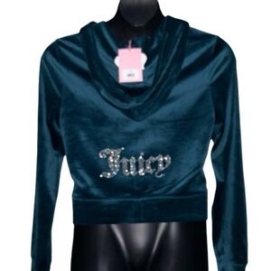 JUICY COUTURE TEAL SEA OG BLING RHINESTONE VELOUR TRACKSUIT CROPPED HOODIE NWT